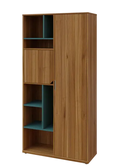 KSR6-83 P skříň šatní, 1x výsuvné ramínko, dvířka, niky, 2053x1022x400 mm, provedení pravé, korpus a dvířka ořech světlý/police světle petrolejová